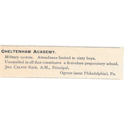 Cheltenham Academy Jno. Calvin Rice Ogontz Philadelphia 1892 Magazine Ad AK6-S5