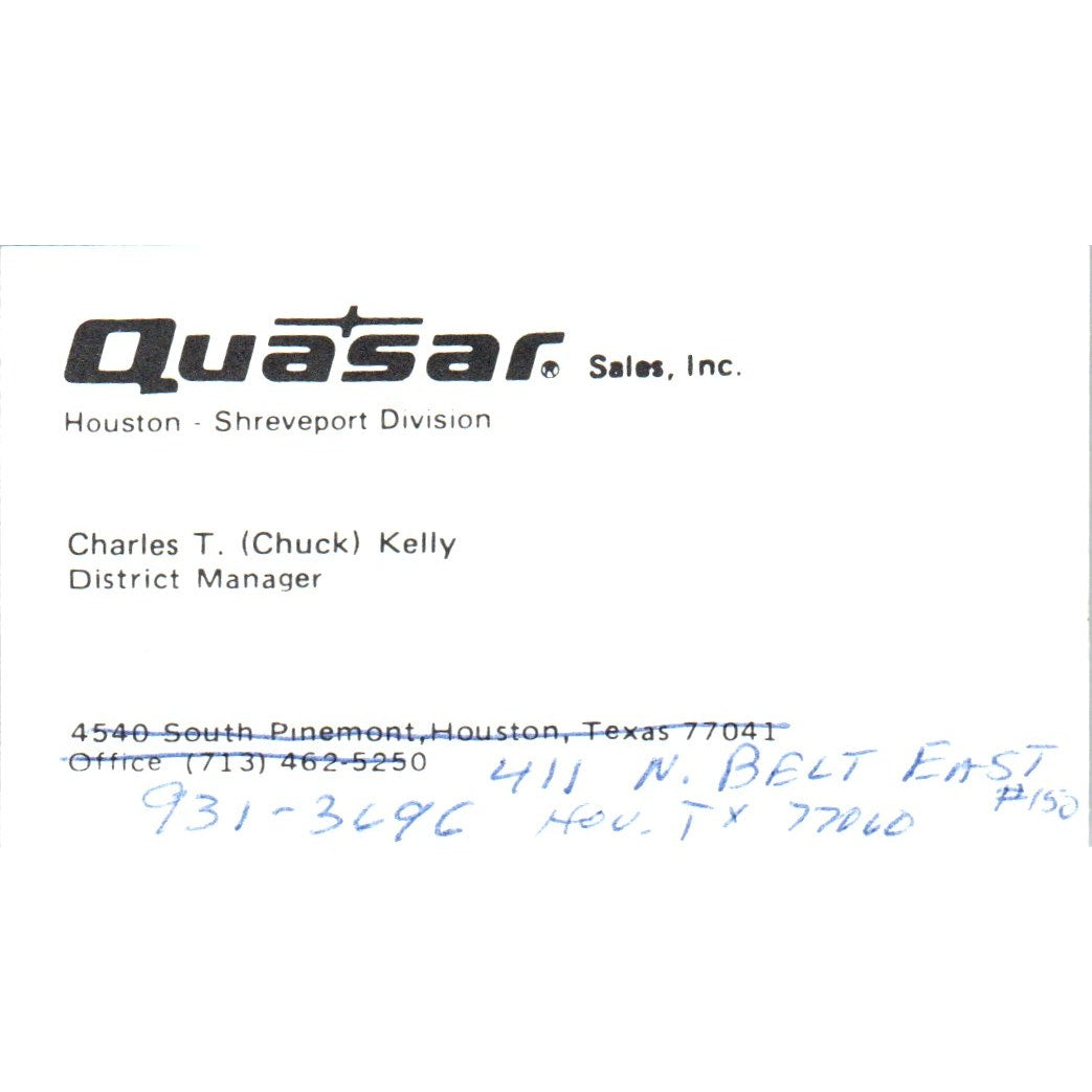 Charles T. Chuck Kelly Quasar Sales Houston Shreveport Vtg Business Card SD8-B5