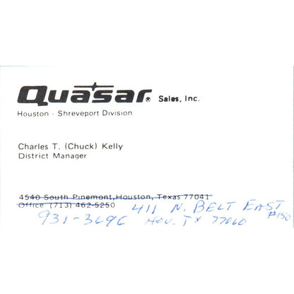 Charles T. Chuck Kelly Quasar Sales Houston Shreveport Vtg Business Card SD8-B5