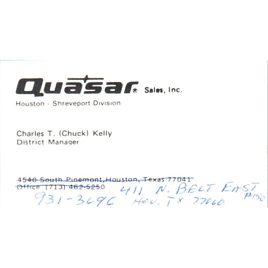Charles T. Chuck Kelly Quasar Sales Houston Shreveport Vtg Business Card SD8-B5