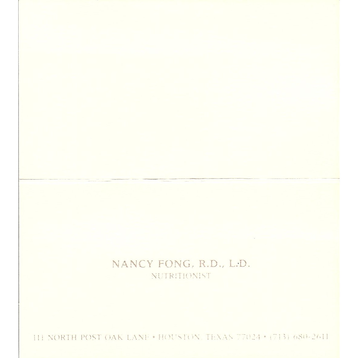 Nutritionist Nancy Fong, R,D., L.D. Houston TX, Vintage Business Card SB4-B2
