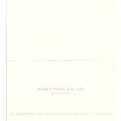 Nutritionist Nancy Fong, R,D., L.D. Houston TX, Vintage Business Card SB4-B2