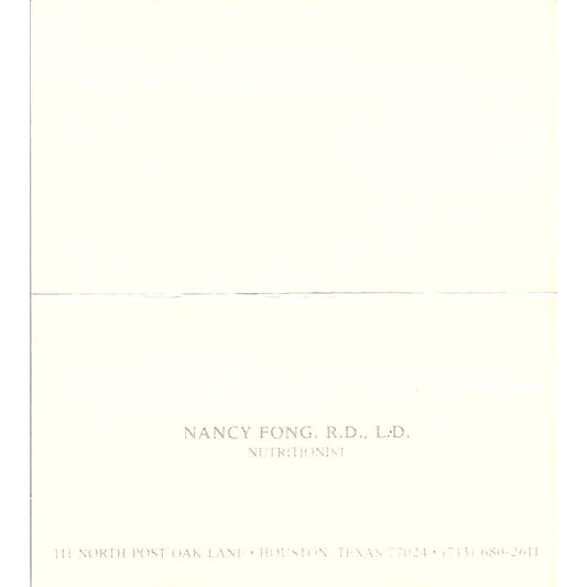 Nutritionist Nancy Fong, R,D., L.D. Houston TX, Vintage Business Card SB4-B2