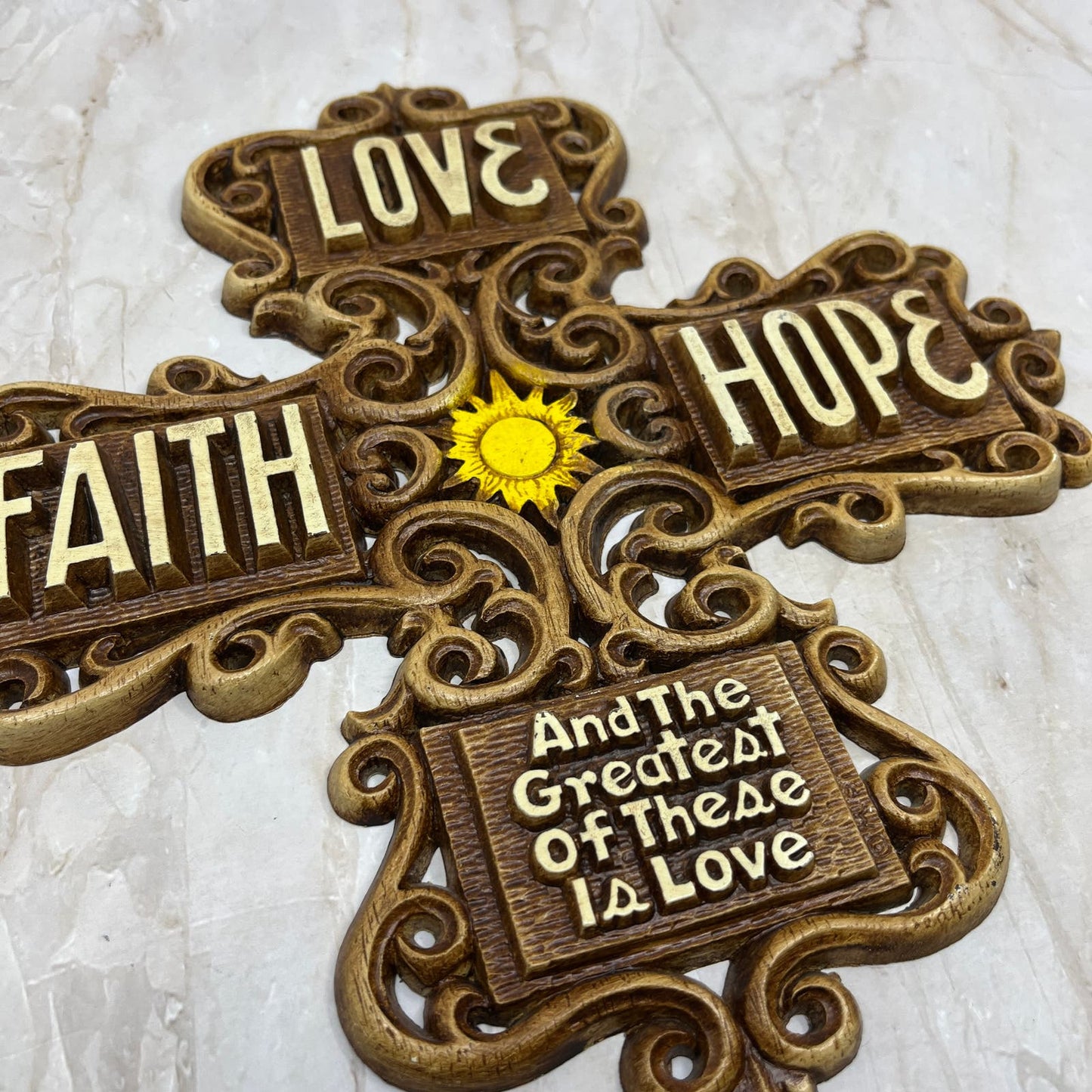 1970s Kitsch Cross Love Faith Hope Wall Plaque Multi-Products Resin 11” TD5