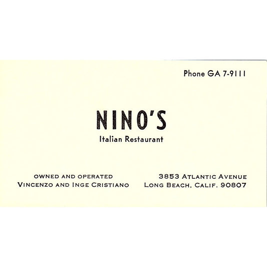Nino's Italian Restaurant Vincenzo & Inge Cristiano Long Beach CA Card SSB4-B13