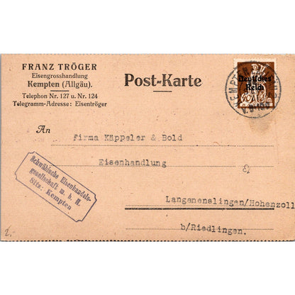 Franz Tröger Eisengroßhandlung Kempten Allgäu 1921 German Reich Postcard AH4-M2