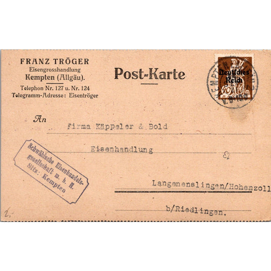 Franz Tröger Eisengroßhandlung Kempten Allgäu 1921 German Reich Postcard AH4-M2