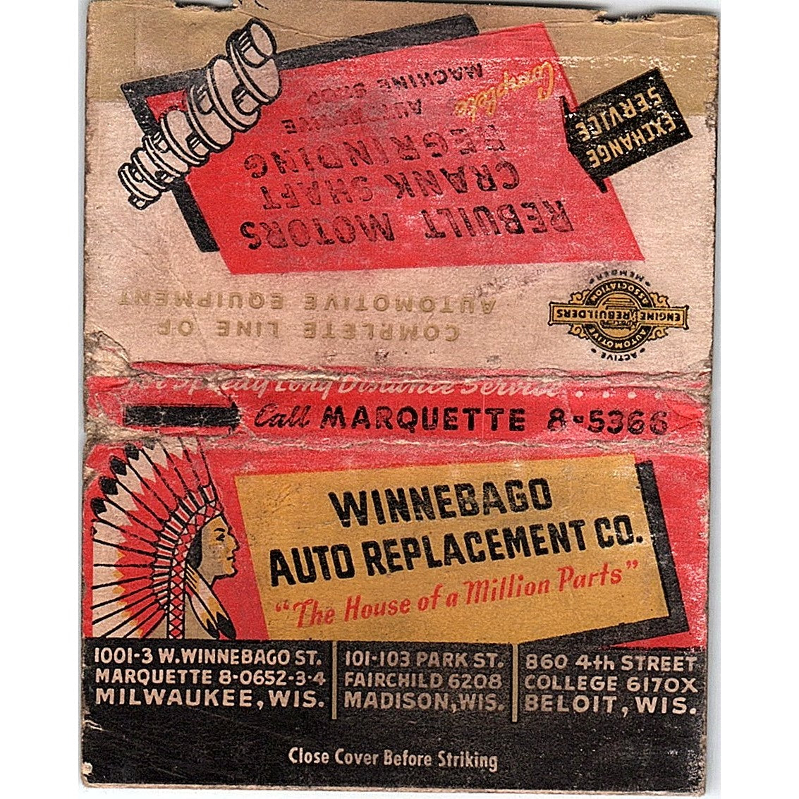 Winnebago Auto Replacement Co Wisconsin Vintage Large Matchbook Cover TH2-Y2