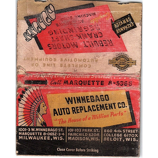 Winnebago Auto Replacement Co Wisconsin Vintage Large Matchbook Cover TH2-Y2