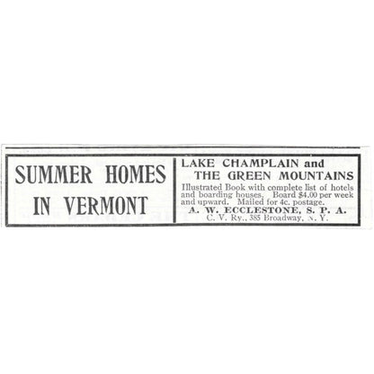Vermont Summer Homes Green Mts Lake Champlain A.W. Ecclestone c1918 Ad AE5-SV3