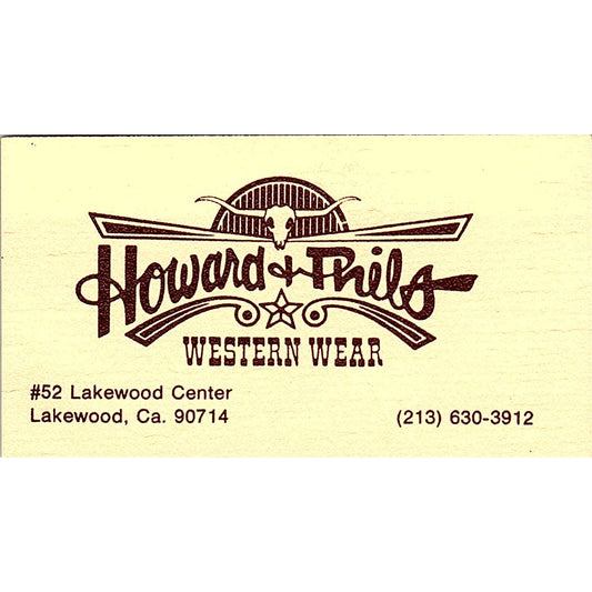 Howard & Phils Western Wear Lakewood CA Vintage Business Card SD9-B9