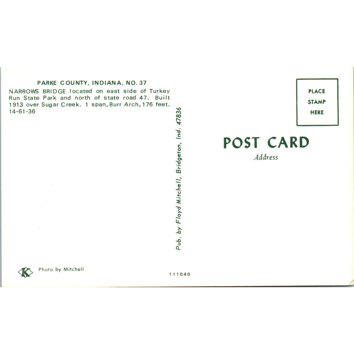 Parke County IN No 37 Narrows Bridge Vintage Covered Bridge Postcard PD3