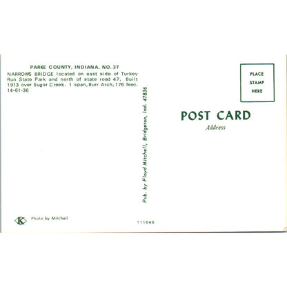 Parke County IN No 37 Narrows Bridge Vintage Covered Bridge Postcard PD3