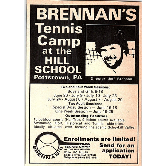 Jeff Brennan's Tennis Camp Hill School Pottstown PA 1977 Ad AF3-M1