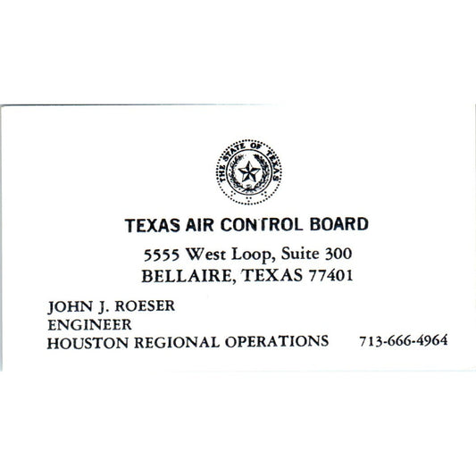 John J. Roeser Texas Air Control Board Bellaire TX Vintage Business Card SD4-B1