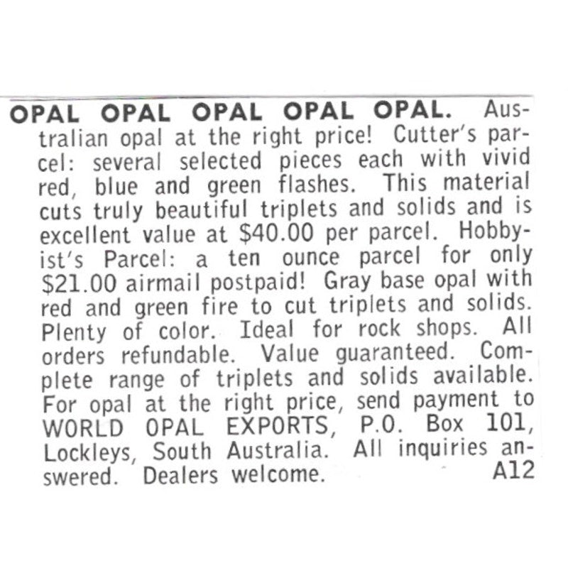 World Opal Exports Lockleys South Australia 1972 Ad AF8-S10