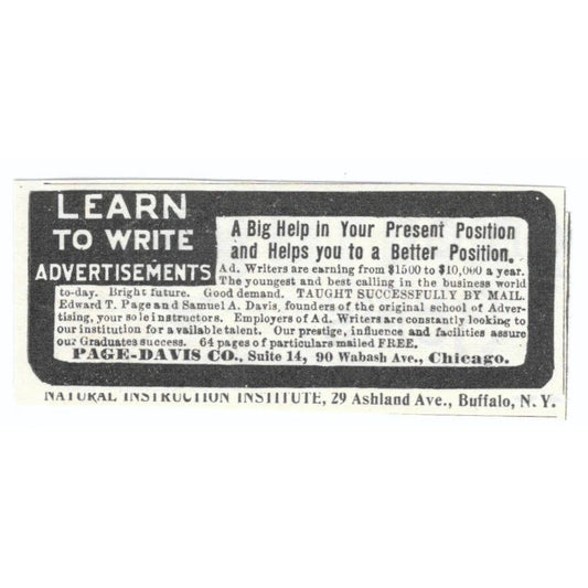 Page-Davis Co Chicago Learn to Write Ads c1905 Original Advertisement AE7-SA1
