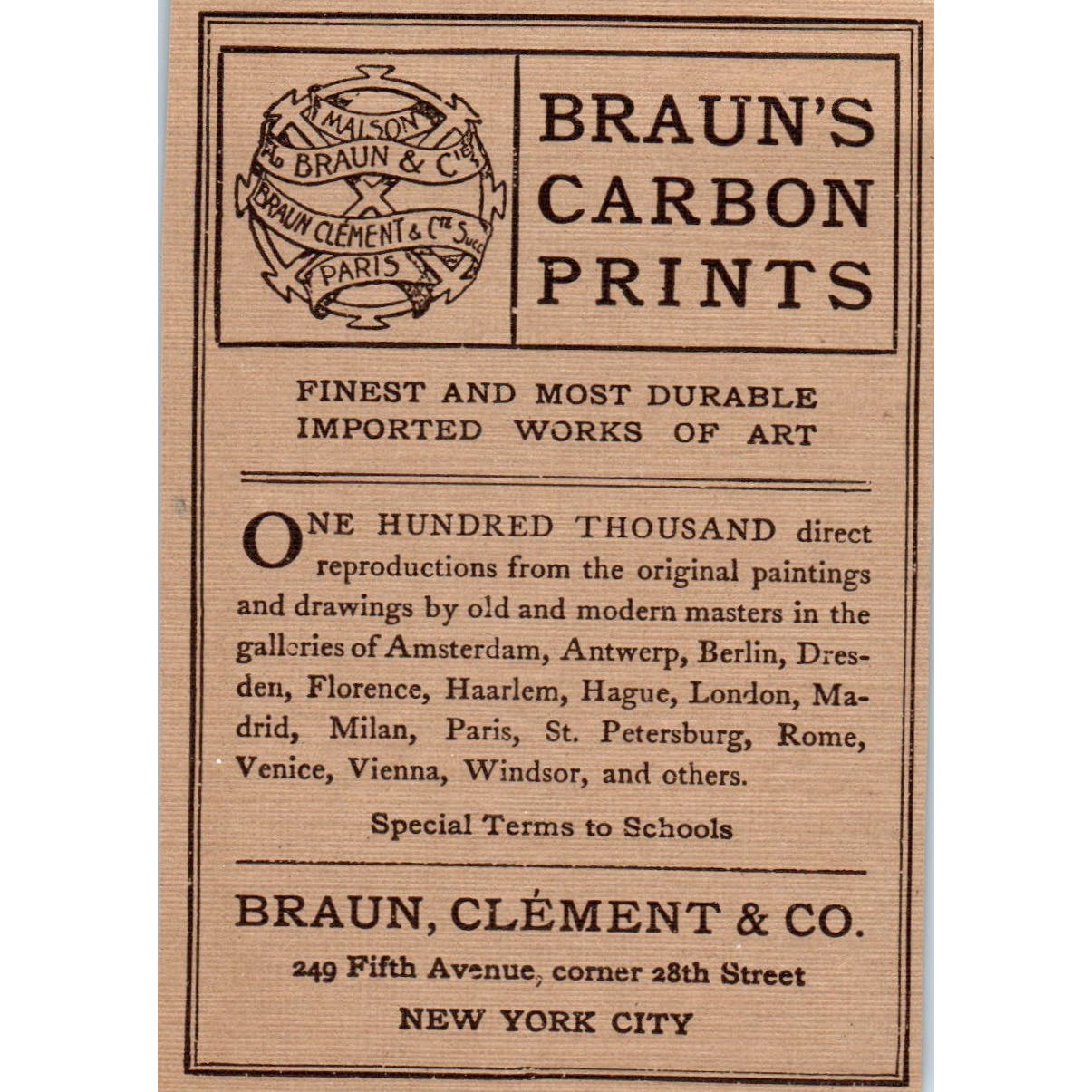 Braun's Carbon Prints Braun Clement & Co NY c1905 Victorian Ad AE9-MA7