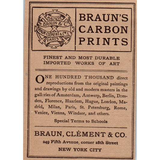 Braun's Carbon Prints Braun Clement & Co NY c1905 Victorian Ad AE9-MA7