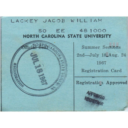 1967 Summer Sessions North Carolina State University Registration Card AF1