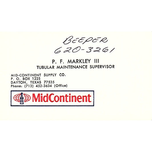 Mid Continent Supply P.F. Markley Dayton Texas Vintage Business Card SB4-B11