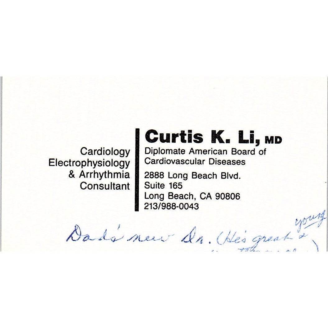Curtis K Cardiology Consultant Long Beach CA Vintage Business Card SB4-B1