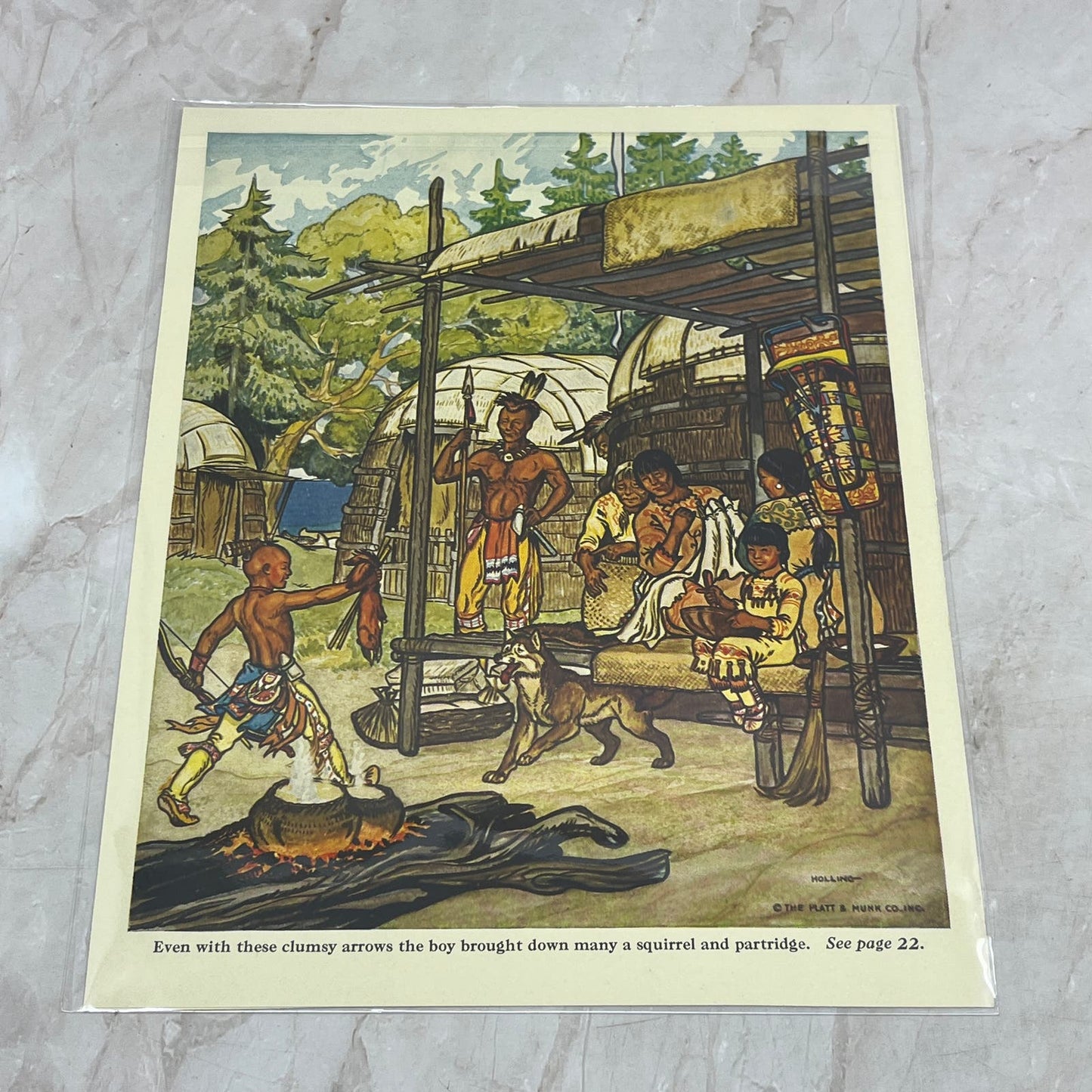 H.C. Holling 1935 Childrens Art Print Minnesota Indian Village Hunting FL6-9