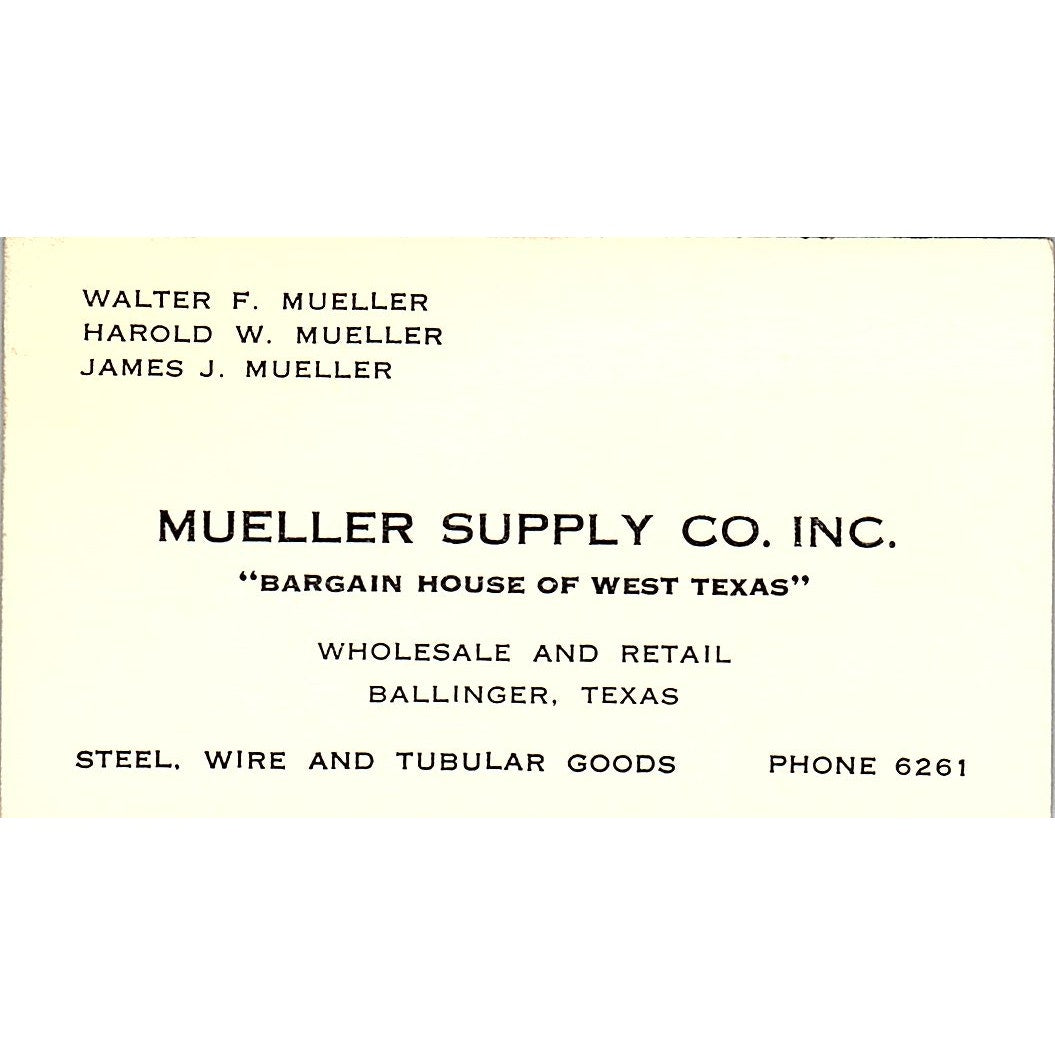 Muella Supply Walter F Muella Ballinger Texas Vintage Business Card SB4-B11