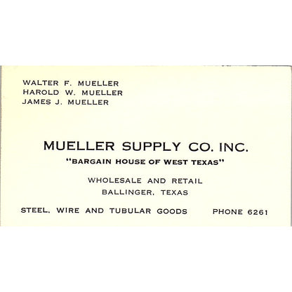 Muella Supply Walter F Muella Ballinger Texas Vintage Business Card SB4-B11
