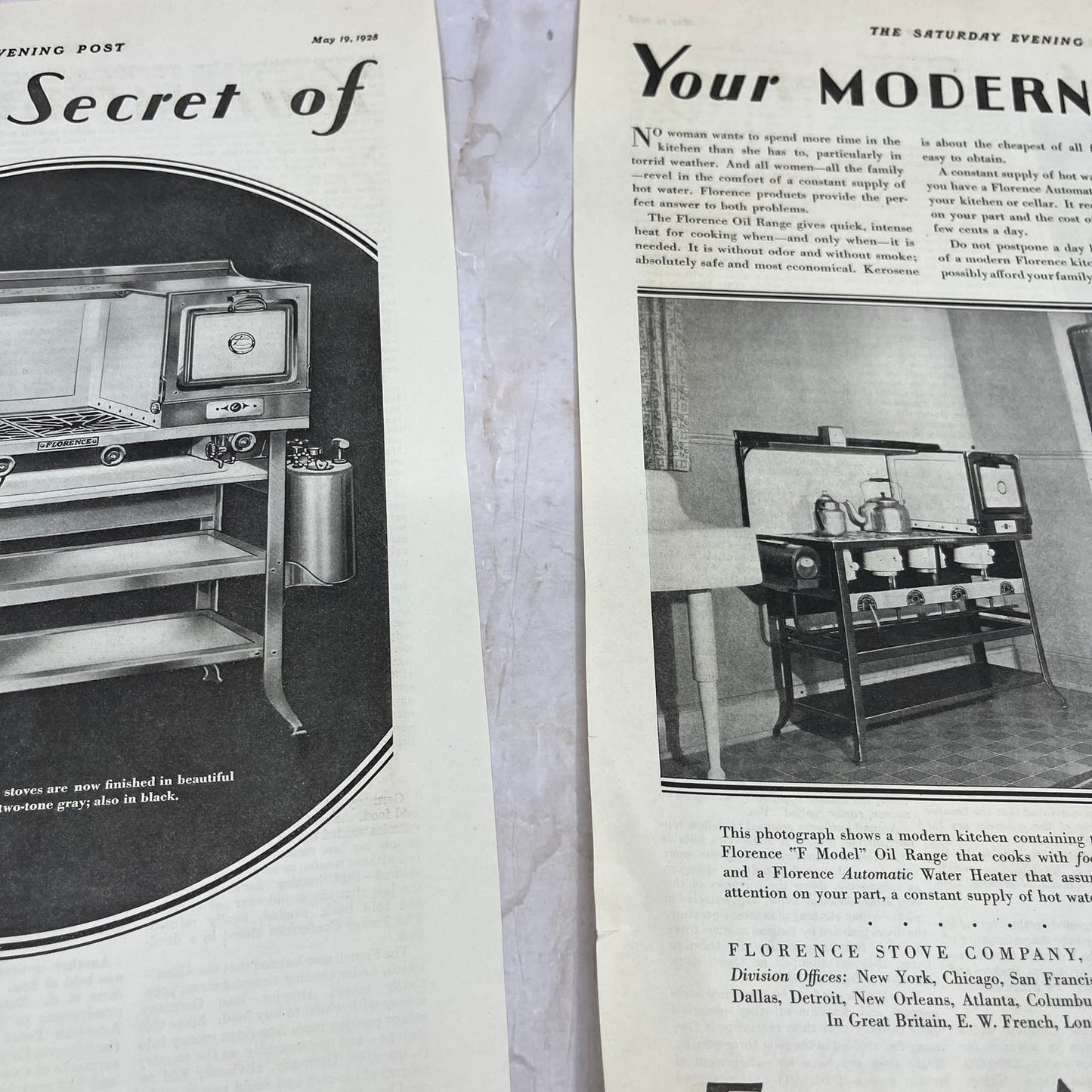 Florence Stove Co Boston 2 Pages 1928 Original Magazine Advertisement FL6-8