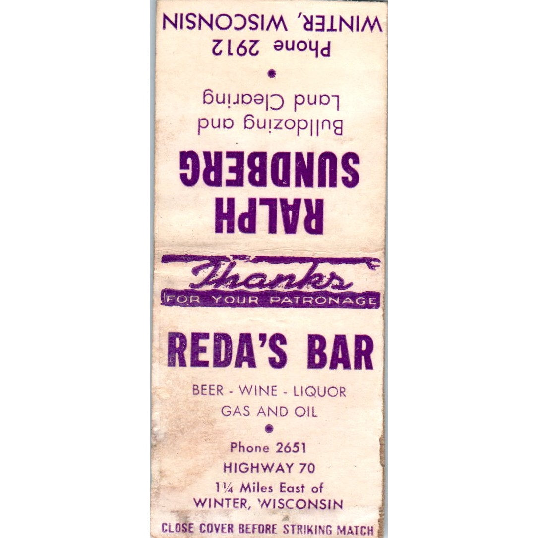 Reda's Bar Ralph Sundberg Bulldozing Winter WI  Vintage Matchbook Cover SD2-Y6