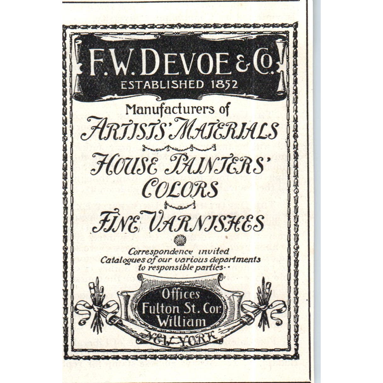 F.W. Devoe & Co. Paint and Varnishes Fulton St. c1890 Victorian Ad AE8-CH8