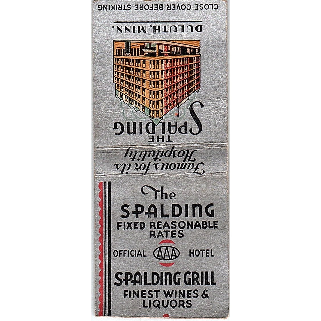 The Spalding Grill AAA Hotel Duluth MN Vintage Matchbook Cover SC7-Y4