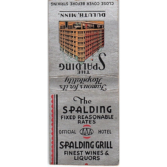 The Spalding Grill AAA Hotel Duluth MN Vintage Matchbook Cover SC7-Y4
