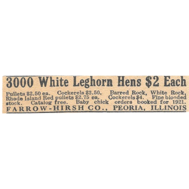 Farrow-Hirsh Co White Leghorn Hens Peoria IL 1920 Ad AG2-S2
