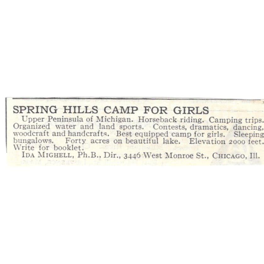 Spring Hills Girls Camp Upper Peninsula MI Mitchell c1918 Advertisement AE5-SA10