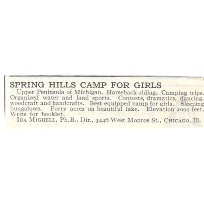 Spring Hills Girls Camp Upper Peninsula MI Mitchell c1918 Advertisement AE5-SA10