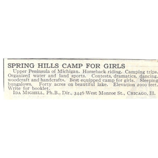 Spring Hills Girls Camp Upper Peninsula MI Mitchell c1918 Advertisement AE5-SA10