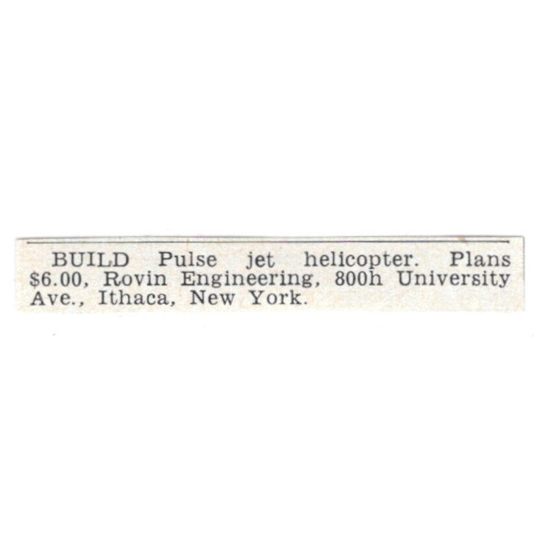 Build Pulse Jet Helicopter - Roven Engineering Ithaca NY 1955 Ad AG1-S5