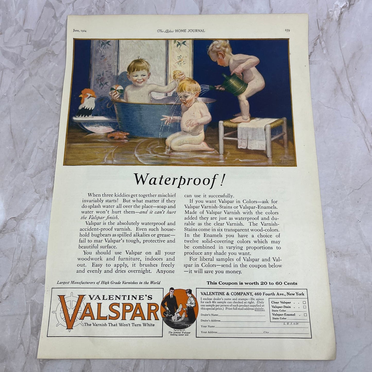 Valentine's Valspar Varnish That Won't Turn White NY 1924 Magazine Ad FL6-11