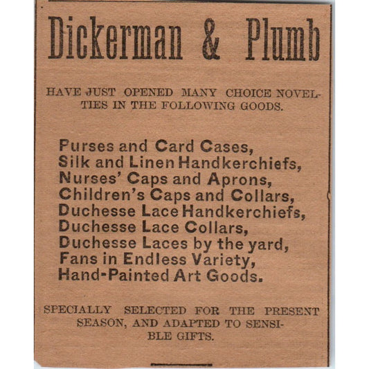 Dickerman & Plumb Dry Goods 1886 Hartford CT Victorian Ad AB8-HT1