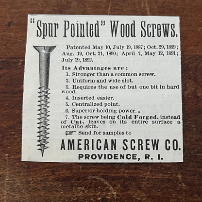 American Screw Co Spur Pointed Wood Screws Providence RI Advertisement AD8-P29