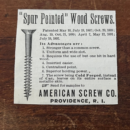 American Screw Co Spur Pointed Wood Screws Providence RI Advertisement AD8-P29