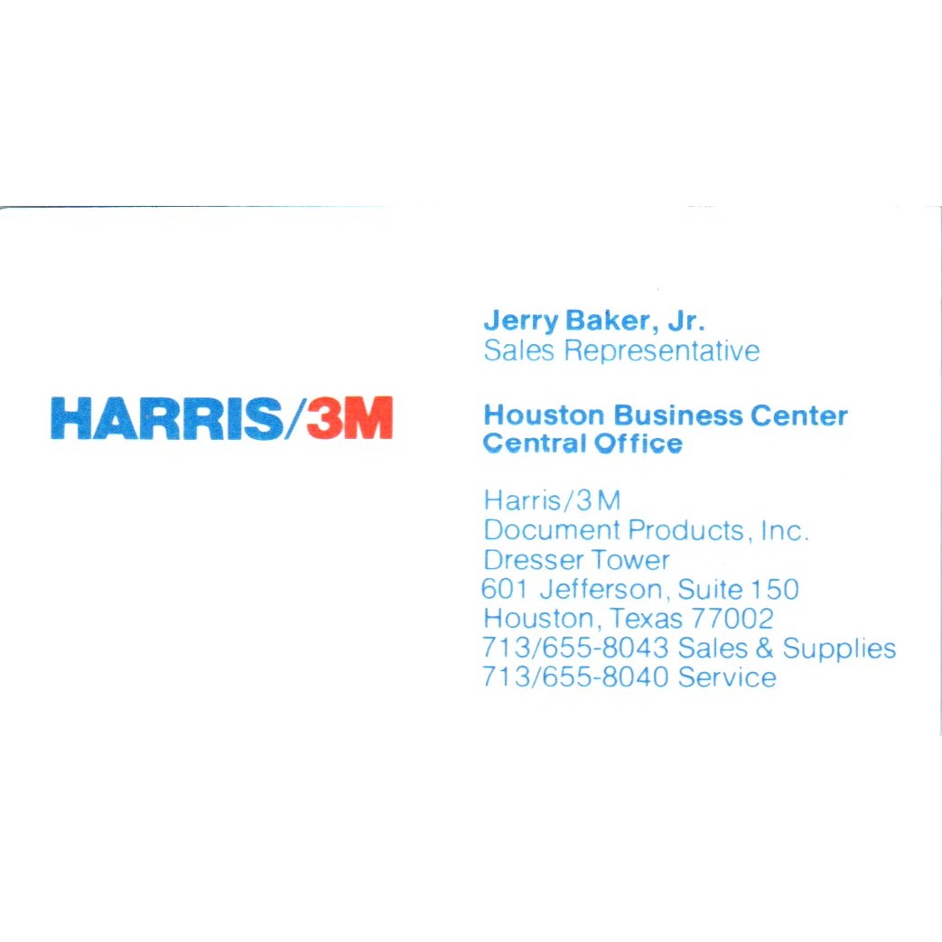 Jerry Baker Jr Harris/3M Dresser Tower Houston Vintage Business Card SE3-B5