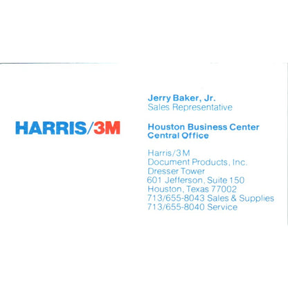 Jerry Baker Jr Harris/3M Dresser Tower Houston Vintage Business Card SE3-B5