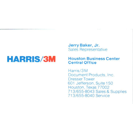 Jerry Baker Jr Harris/3M Dresser Tower Houston Vintage Business Card SE3-B5