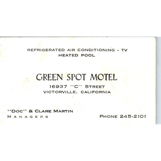 Green Spot Motel Doc & Clare Martin Victorville CA Vintage Business Card SD8-B22