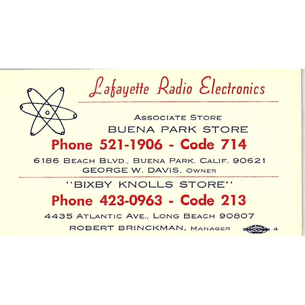 Lafayette Radio Electronics Bixby Knolls Store Buena Park CA Busines Card SF3-B7