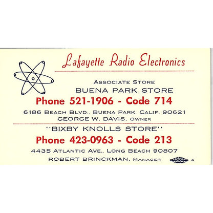 Lafayette Radio Electronics Bixby Knolls Store Buena Park CA Busines Card SF3-B7