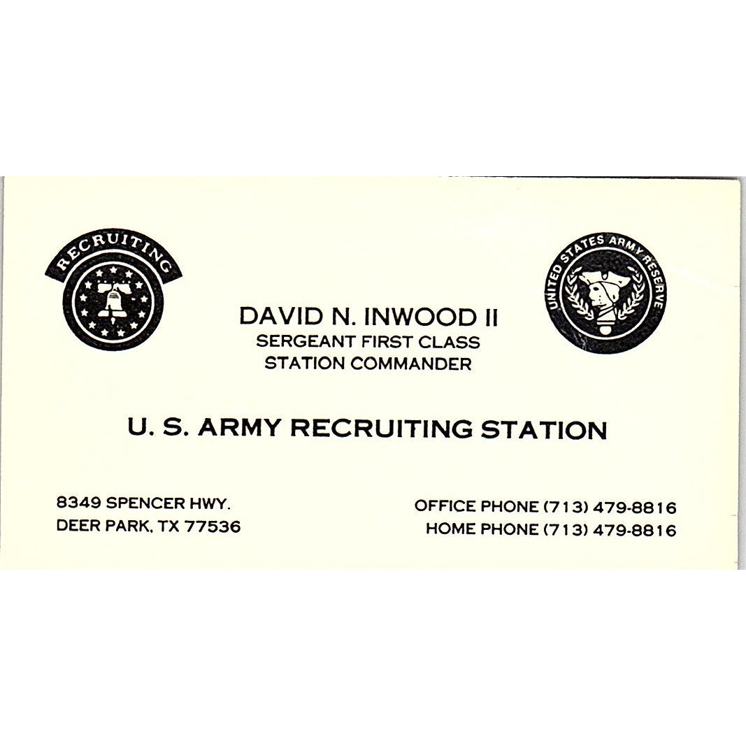 David N Inwood II US Army Recruiting Deer Park TX Vintage Business Card SD9-B12